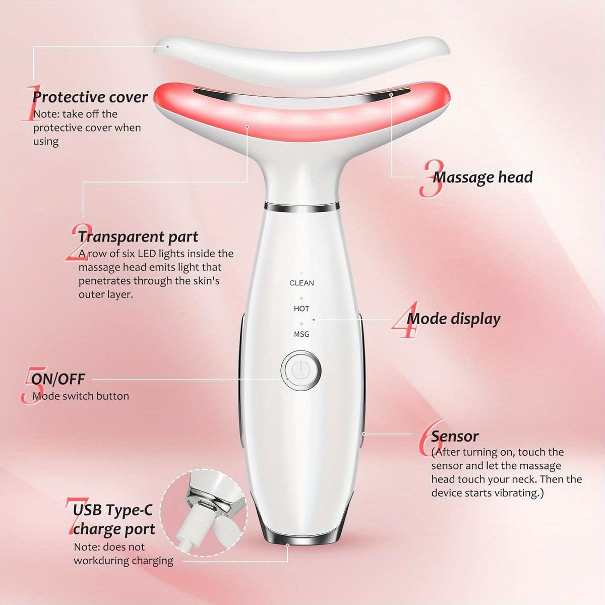 USB Rechargeable Facial & Neck Massager with 3 Massage Modes(White)